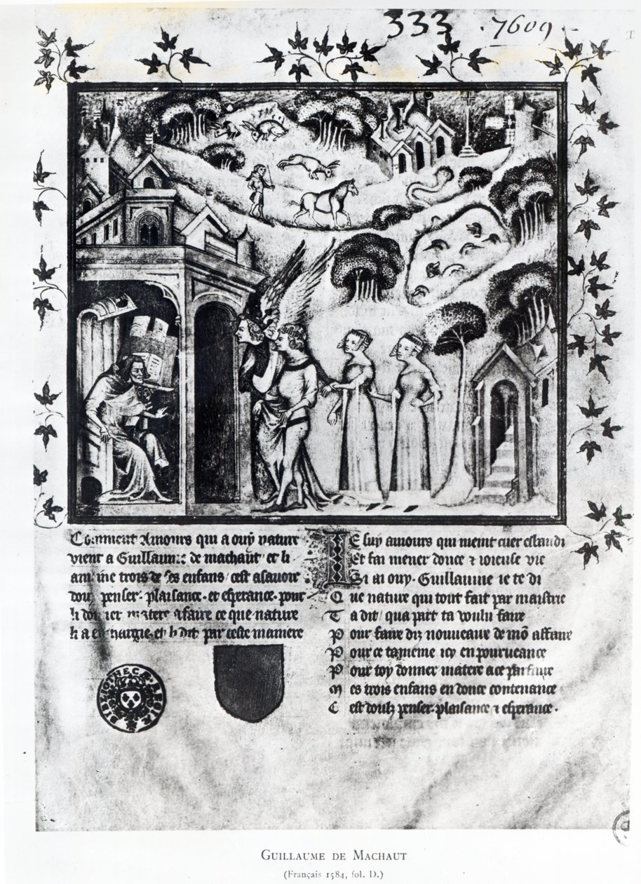 女士1584年fD收到爱情的作者给他带来了甜蜜的思想，快乐和希望，c.1370（手稿） 作者 法语学校