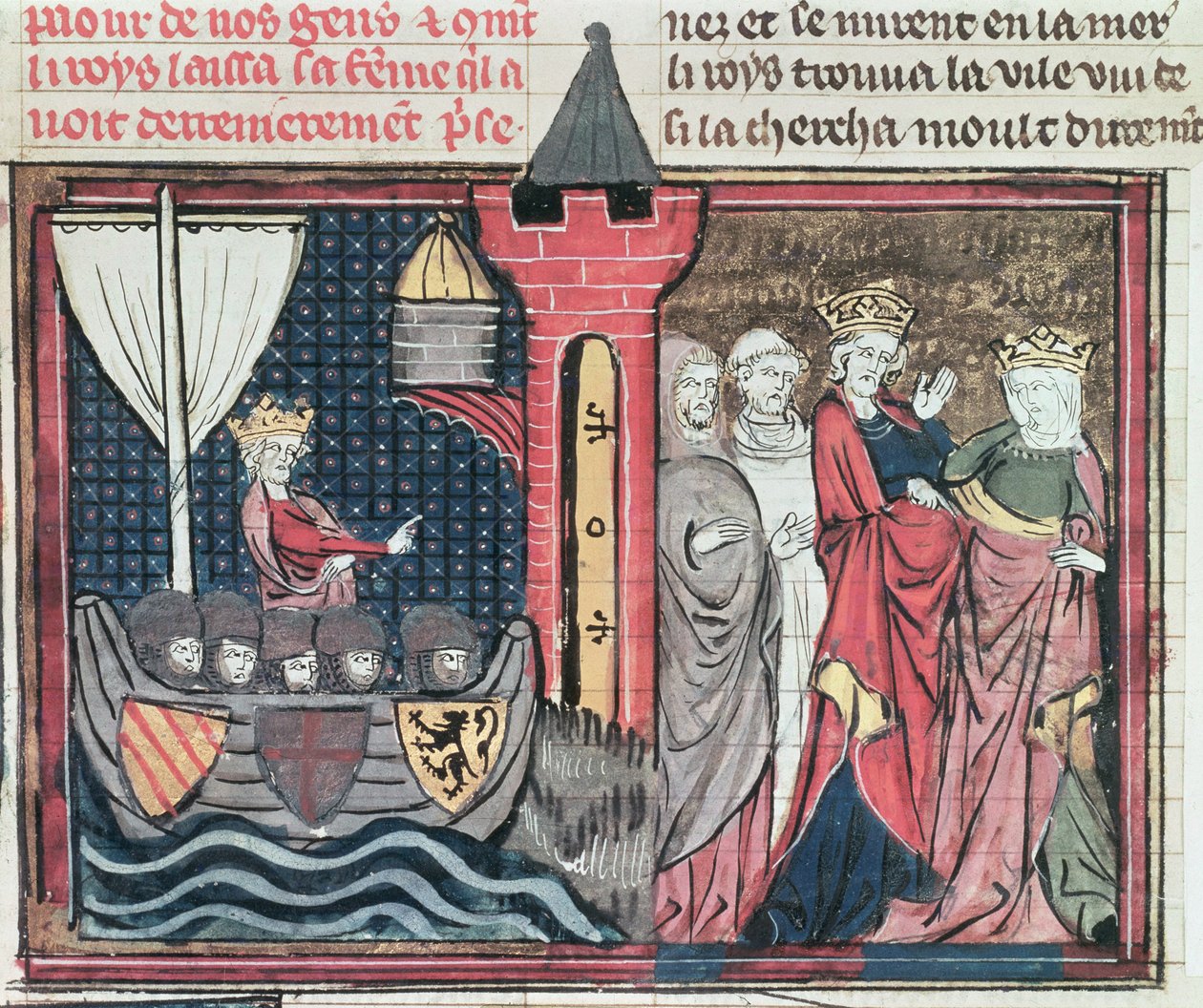 Fr 22495 Fol.101 Baldwin I穿越约旦河并放弃他的妻子，来自Le Roman de Godefroi de Bouillon，1337 作者 法语学校