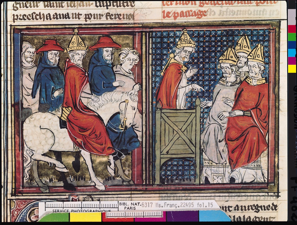 Dr 22495 Fol.15 Clermont委员会和教皇城市II的到来（c.1035-99）在法国，来自Le Roman de Godefroi de Bouillon，1337 作者 法语学校