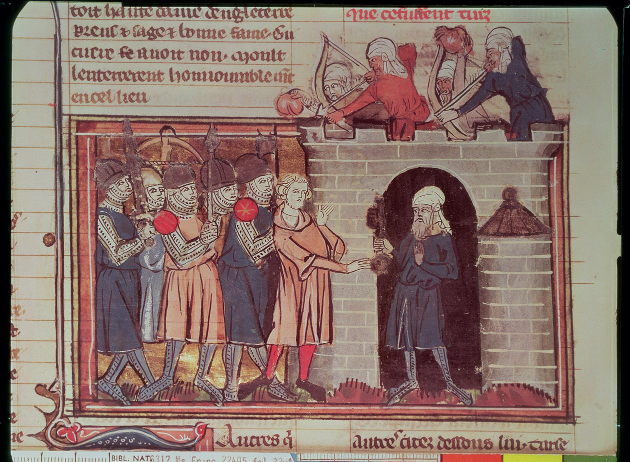 女王神父22495 f.32v第一次十字军东征。 Tusus投降至Tancred de Hauteville，1097，来自Le Roman de Godefroi de Bouillon 作者 法语学校