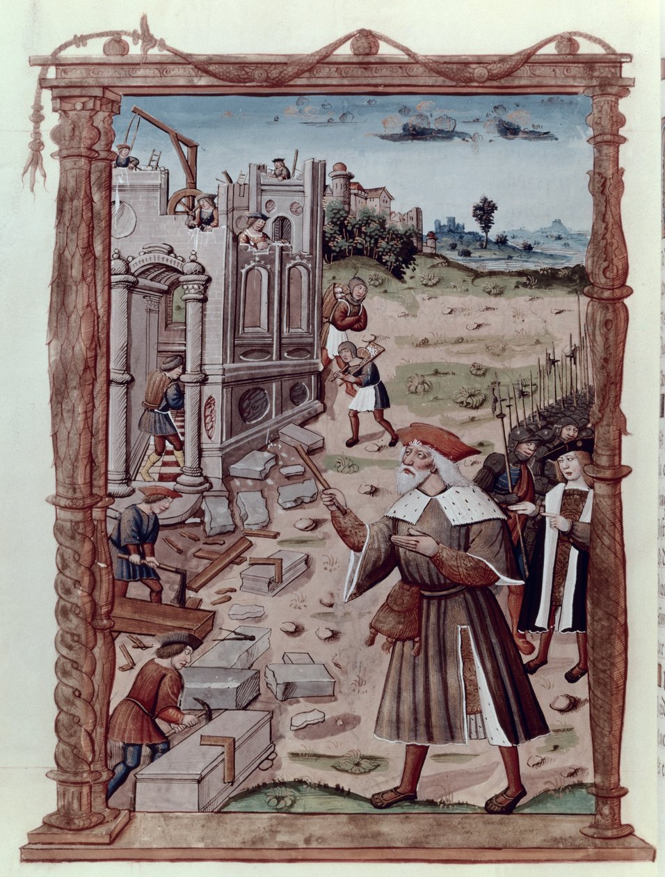Ms 2820 fr.115v Charlemagne女士（742-814）指导亚琛的建构，来自纪尧姆·克里廷（1460-1525）的法国历代志的Recueil摘要 作者 法语学校