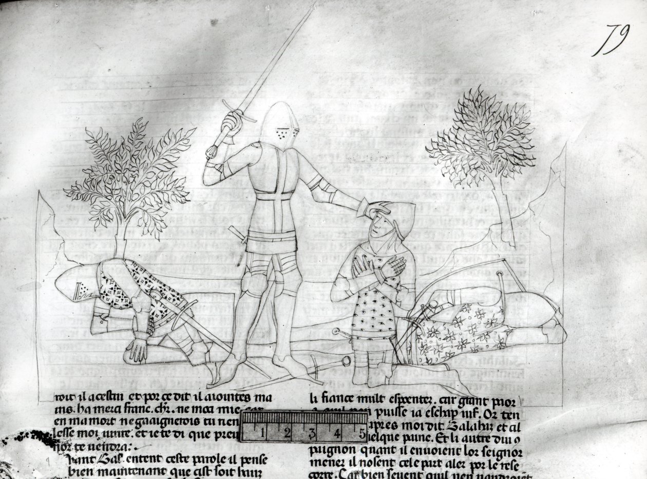 Fr 343 f.79女士在战场上武装骑士，来自Lancelot du Lac 作者 法语学校