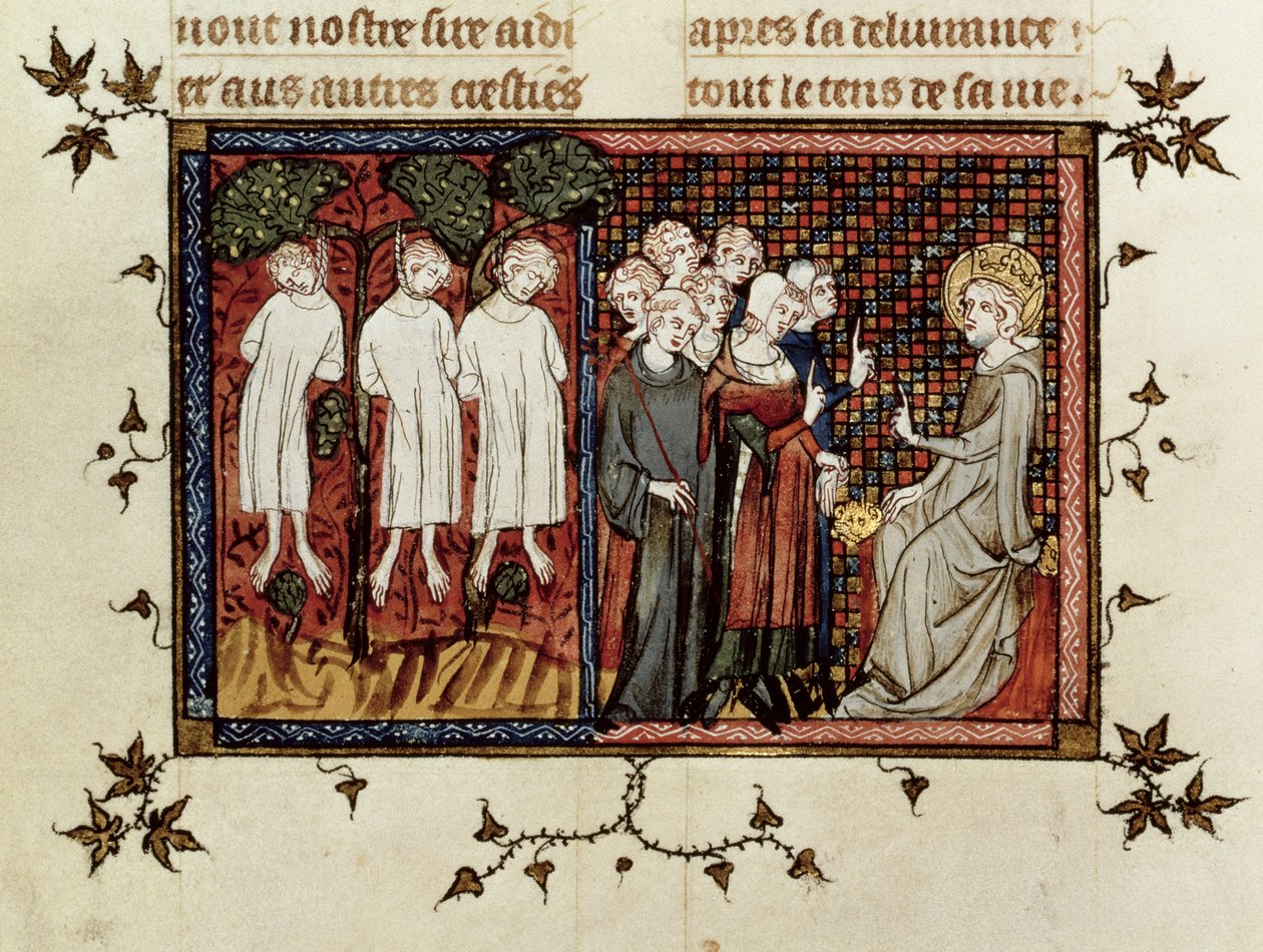 女士5716 fol.246圣路易斯宣布判决并谴责Enguerrand de Coucy（1228-1311）悬挂三名年轻贵族，来自圣路易斯的生活和奇迹，c.1330-40 作者 法语学校