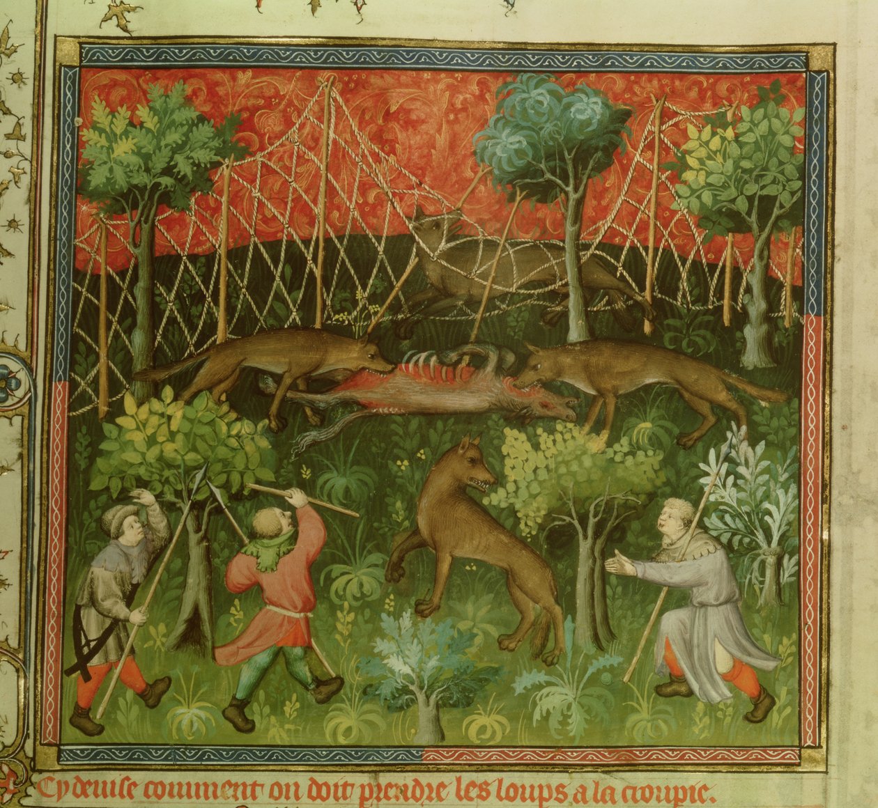 616号女士，第11段，狼在网上的帮助下，来自Livre de la Chasse的Gaston Phebus de Foix（1331-91） 作者 法语学校