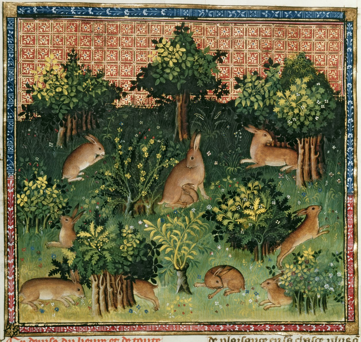 Fr 616 fr.24v Hares in a Wood，来自Livre de la Chasse by Gaston Phebus de Foix（1331-91） 作者 法语学校