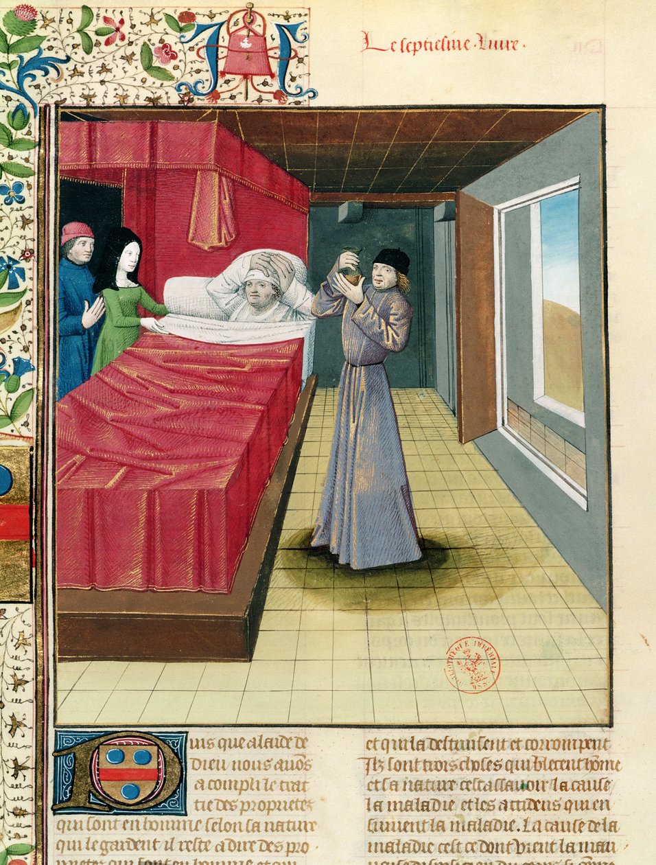 Fr 9140女士fol.120v医生进行尿液分析，来自Barthelemy English，1480的物业书籍 作者 法语学校