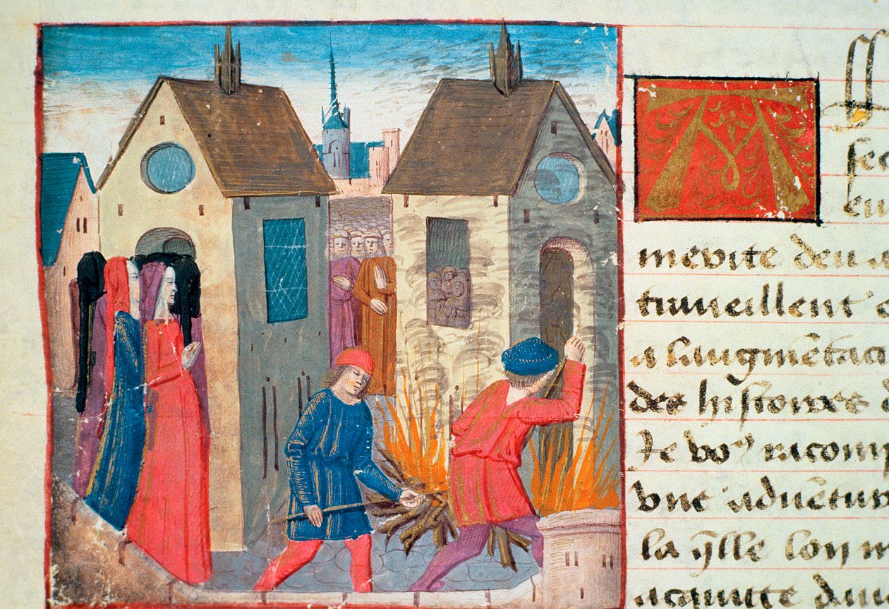 Hunter女士252 f.75v Burning House，来自The Hundred News News，1462 作者 法语学校