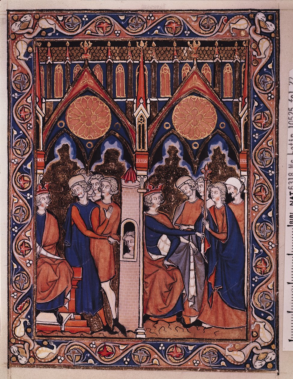 Lat 10525 Fol.22 Joseph解释了法老和法老从圣路易斯的诗篇中恢复他的管家的梦想，c.1258-70 作者 法语学校