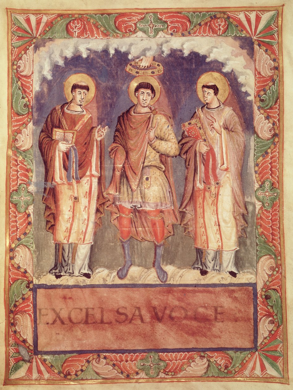 Lat 1141 fol.2v查理二世加冕仪式（823-877）与来自Sacrementaire de Metz的Reims和Treves大主教（另见159999） 作者 法语学校