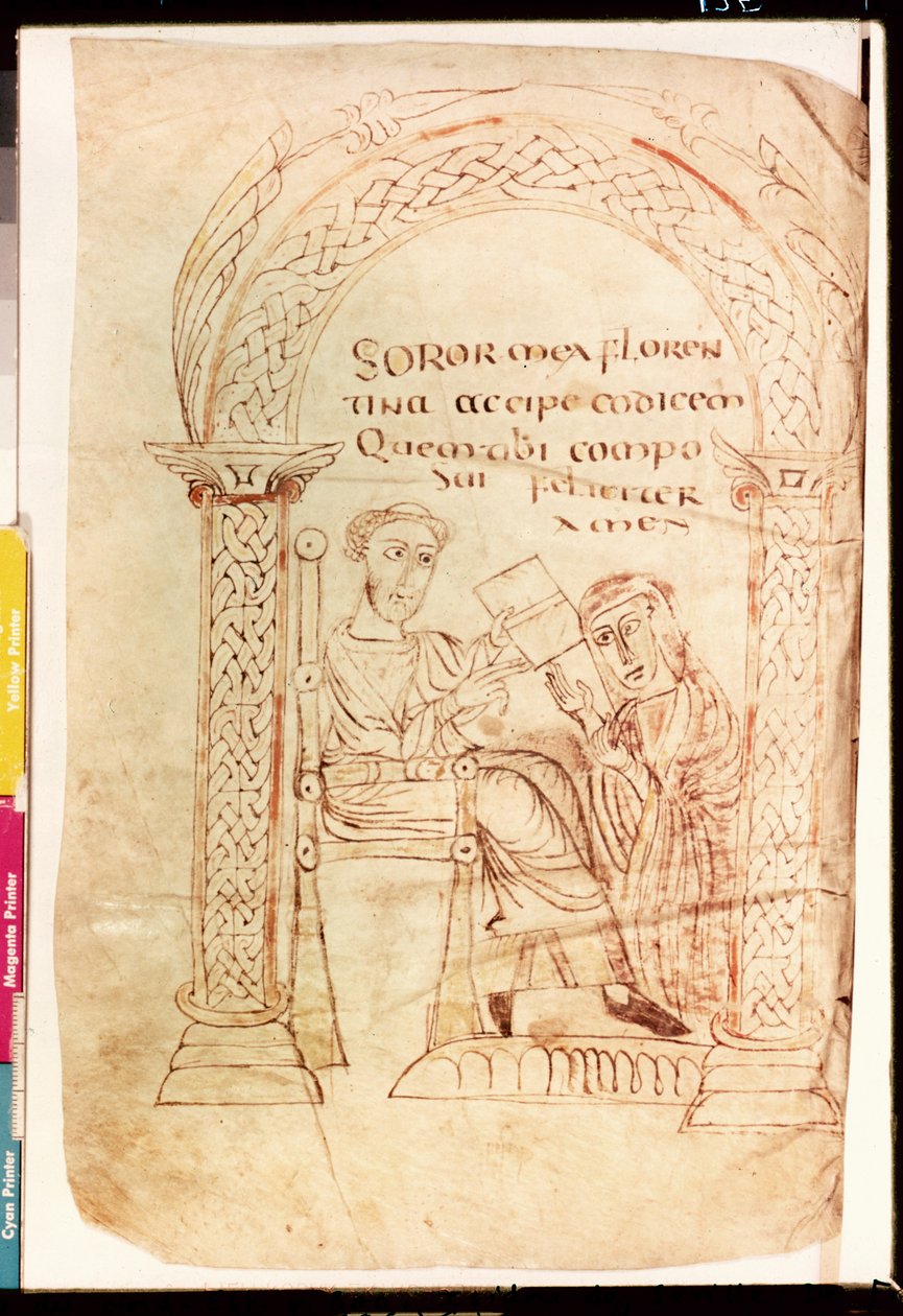 MS 13396 fol.1r伊西多罗提供他的工作给他的妹妹佛罗伦萨，从旧约和新约对犹太人的由塞维尔（c.560-636）c.800的伊西多尔信心 作者 法语学校