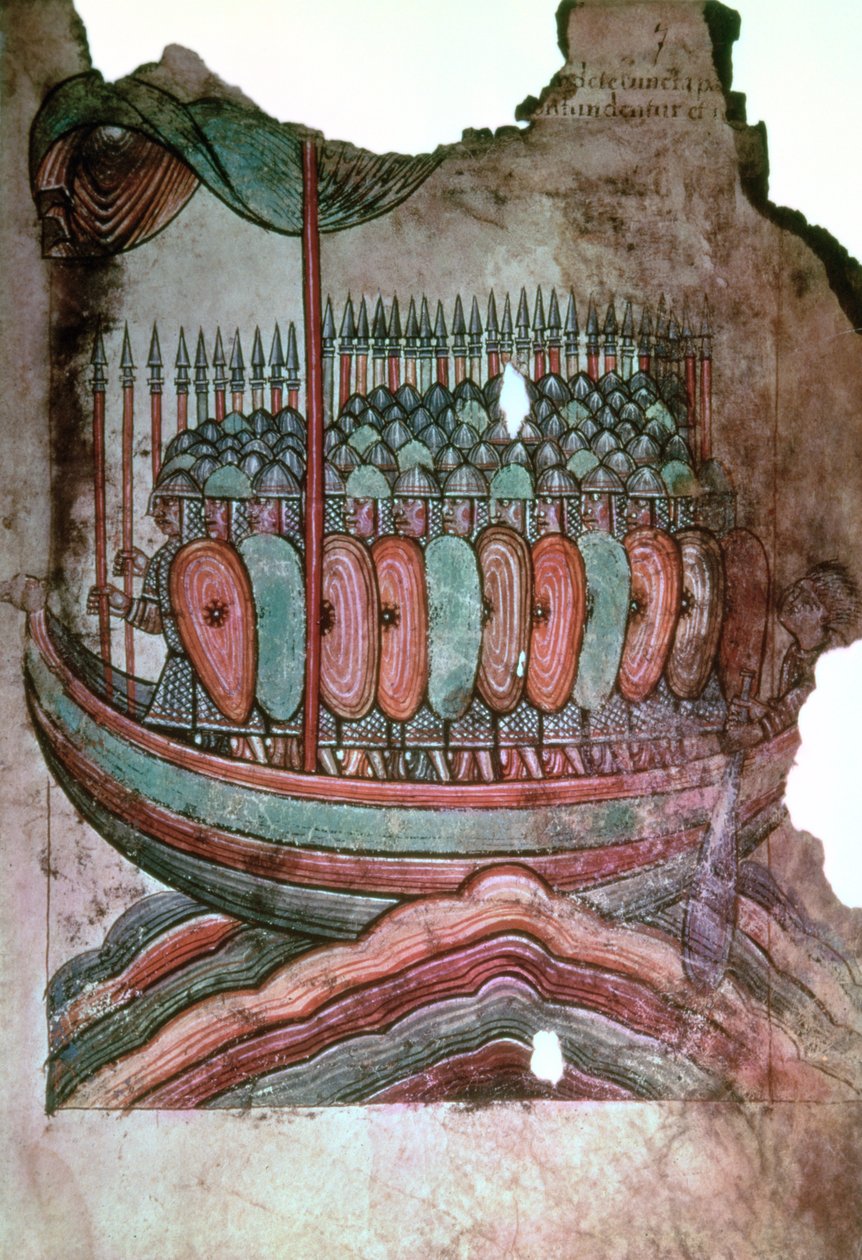 Lat 1390女士跟随诺曼士兵从La Vie de Saint Aubin dAngers穿越英吉利海峡 作者 法语学校