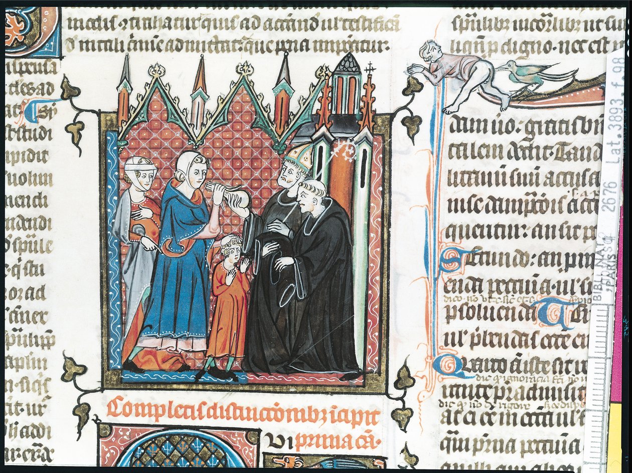 Lat 3893 Fol.98父母提供主教钱带他们的儿子进入修道院，1314 作者 法语学校