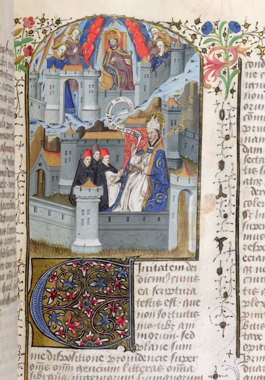 Lat 592 f.127耶路撒冷和巴比伦女士，来自圣奥古斯丁的La Cite de Dieu 作者 法语学校