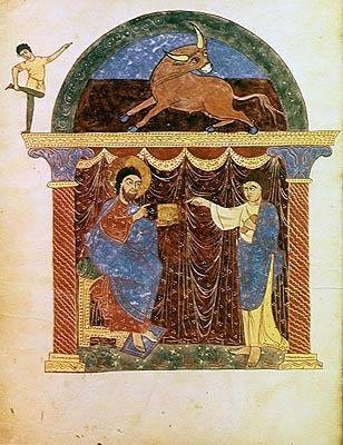 Ms Lat 8878 fol.3v 耶稣向圣路加介绍福音书，摘自Asturian monk Beatus of Liebana (c.776) c.1028-72的《启示录》评注（牛皮纸）。 作者 法语学校