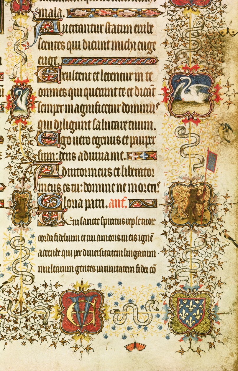 Ms Lat 919 fol.96 纹章和动物装饰的细节，出自《圣彼得引领让-德-法兰西（1340-1416）贝里公爵进入天堂》，出自《贝里公爵的大事件》。 作者 法语学校