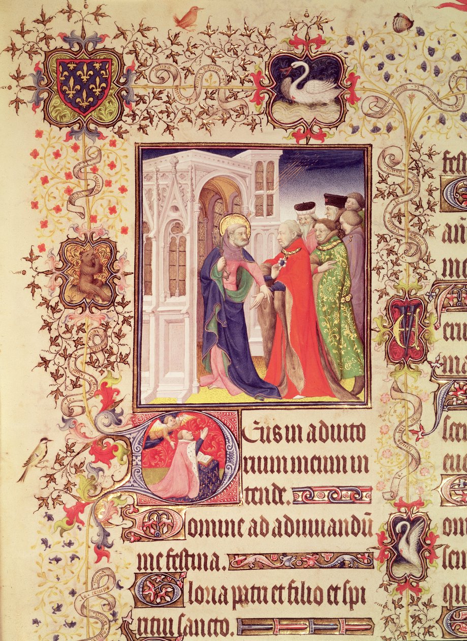 Lat 919 fol.96 Jean de France，Duc de Berry由圣彼得带领进入天堂之门，历史上最初的圣彼得和Jean de Berry的D在祈祷中，来自Grandes Heures de Duc de 作者 法语学校