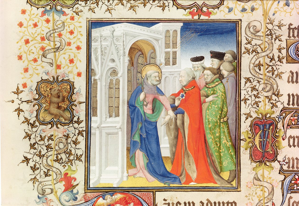 Lat 919女士fol.96圣彼得领导Jean de France（1340-1416）Berry公爵进入天堂，来自Grandes Heures de Duc de Berry，1409（另见159985和30908） 作者 法语学校