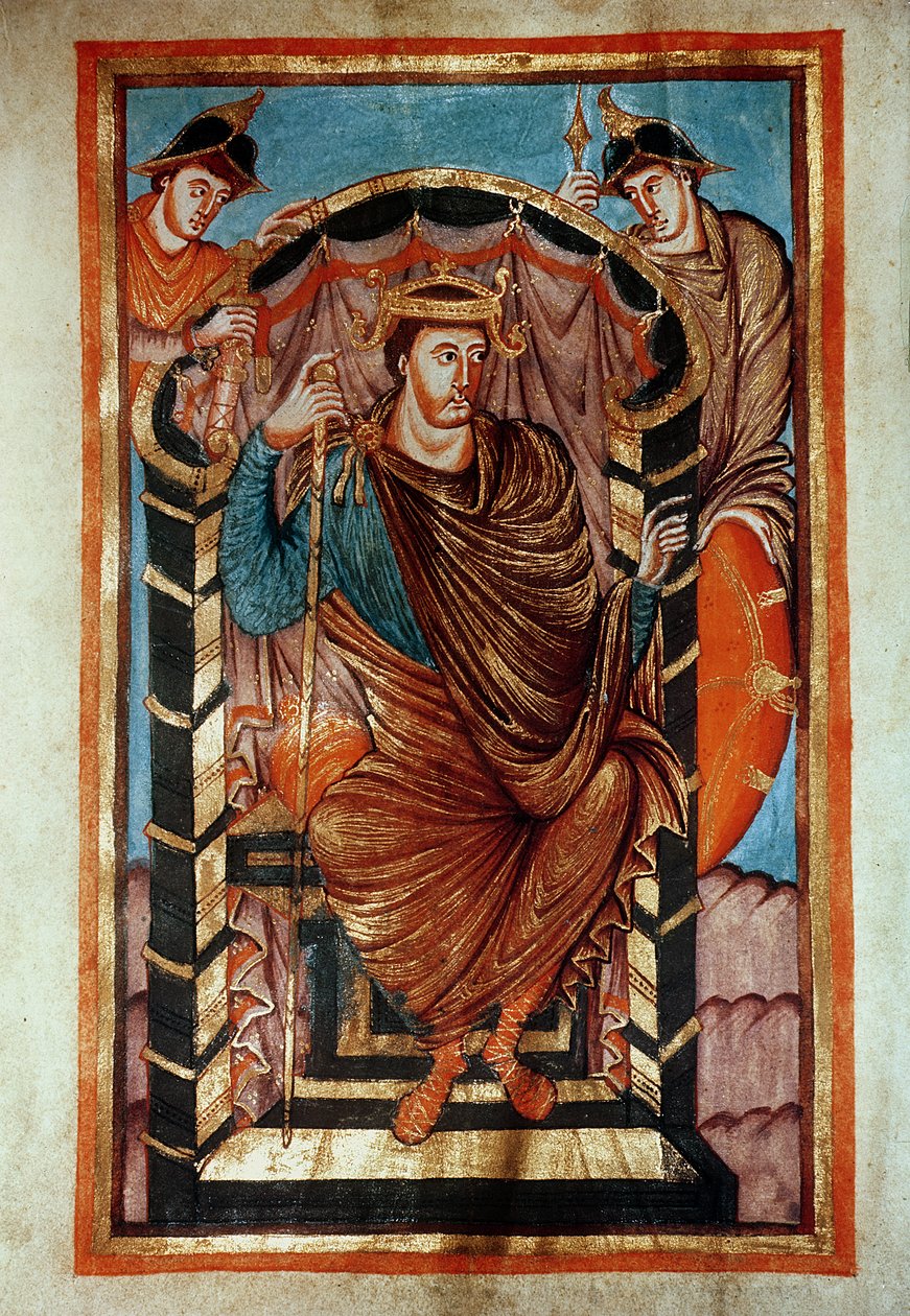 拉丁女士266 fol.1v Lothair I（795-855）Enthroned，来自Evangiles de Lothaire，c.840-851 作者 法语学校