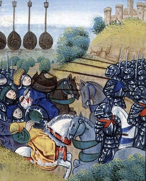 Ms Roy 20 C IX f.278v 匈牙利人战胜土耳其人，背景是土耳其舰队，让-沙特里耶（Jean Chartrier）的作品，15 世纪晚期，选自 "Cronique du Temps de Treschretien Roy Charles VII"（牛皮纸）。 作者 法语学校