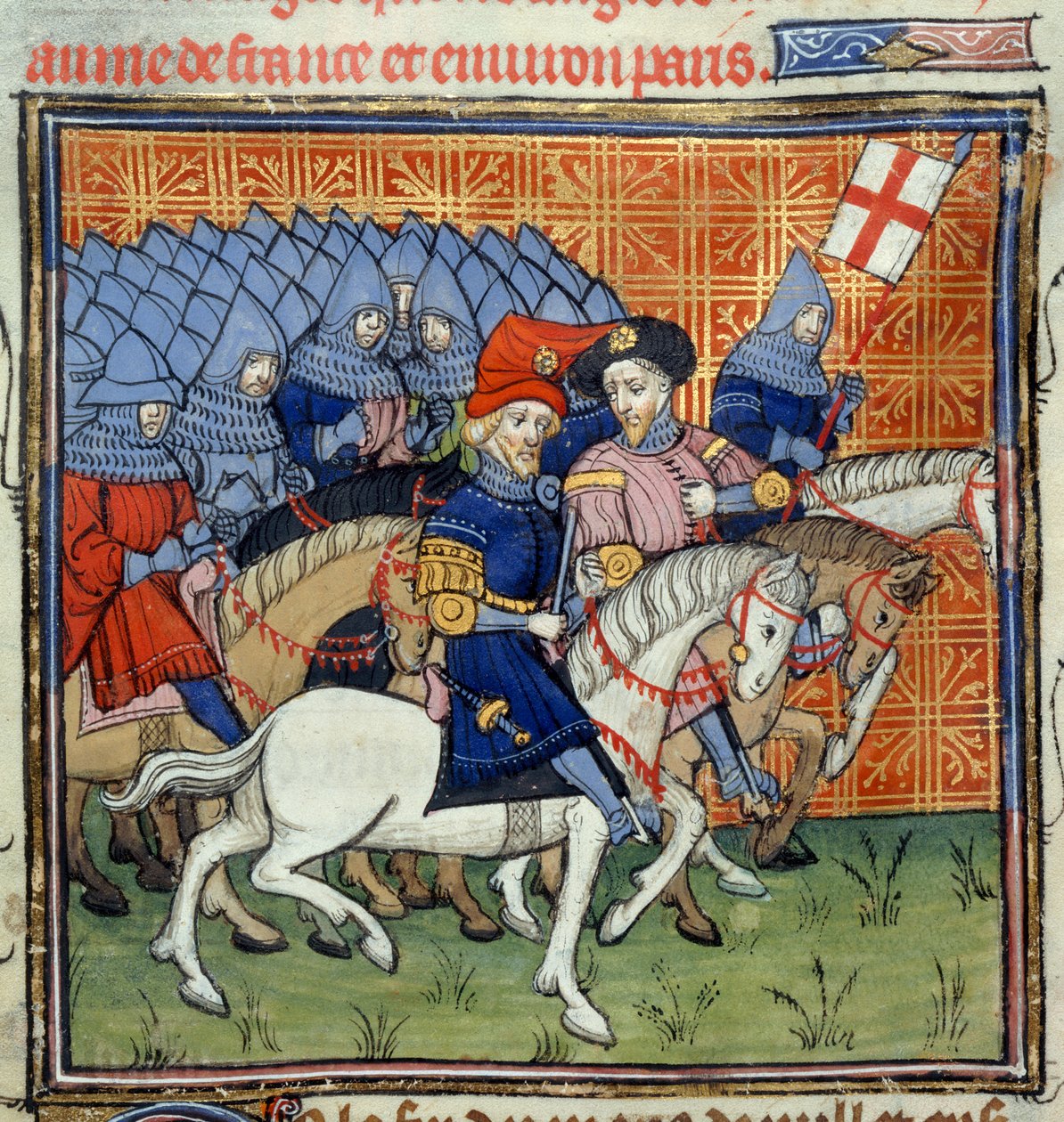 Ms Royal 20 C. VII, f.186 打着旗帜的英国军队，选自《Chroniques de France ou St. 作者 法语学校