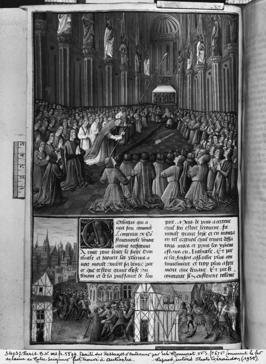 Ms.fr 5594 fol.67v如何在安提阿发现我们的主矛，来自Les Passages的插图dOutre-Mer，Sebastien Mamerot de Soissons，c.1490 作者 法语学校