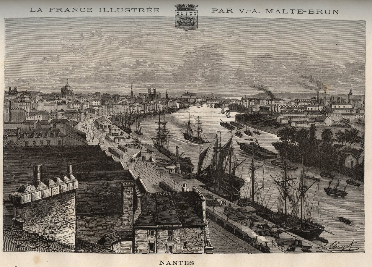 南特--卢瓦尔--大西洋--在V.A. Malt-Brown的 "La France illustree: geographie, histoire, administration statistique "中的雕刻，1884。 作者 法语学校