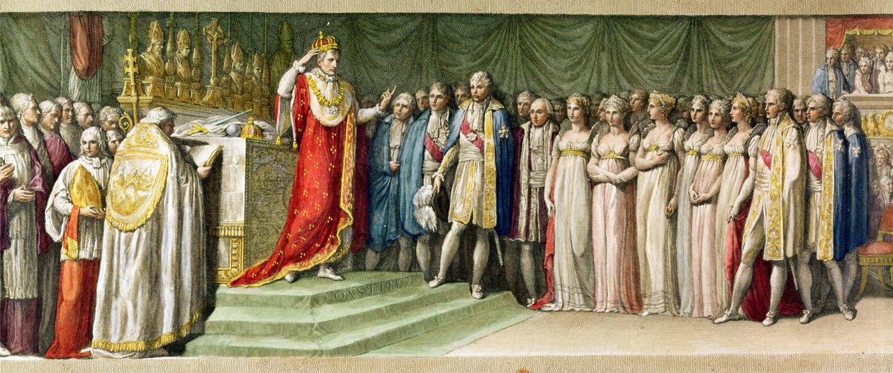 Napoleon Bonaparte（1769-1821）1805年在米兰的伦巴第铁冠上熠熠生辉（彩色雕刻） 作者 法语学校