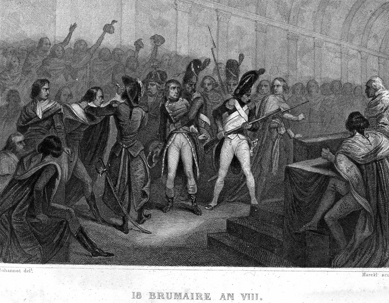 拿破仑-波拿巴于18 Brumaire year VIII (1799)在Saint Cloud的五分钱议会大厅（500人的房间）发动政变--载于Thiers的 "Revolution francaise"。19世纪 作者 法语学校