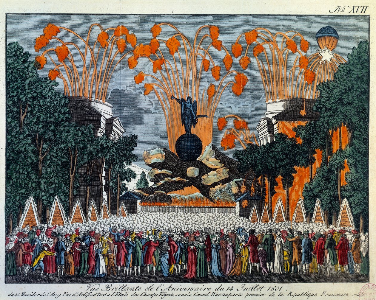 1801 年 7 月 14 日巴黎香榭丽舍大街上的国家庆典：巴黎香榭丽舍大街的焰火晚会。1801 年巴黎卡纳瓦罗博物馆版画 作者 法语学校