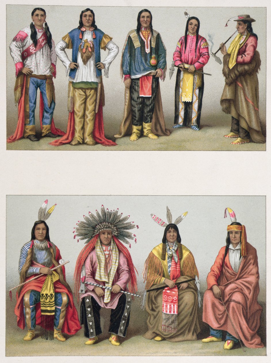 来自密西西比盆地和科罗拉多州的美洲原住民，来自A. Racinet的Le Costume Historique的插图，于1888年在巴黎出版 作者 法语学校