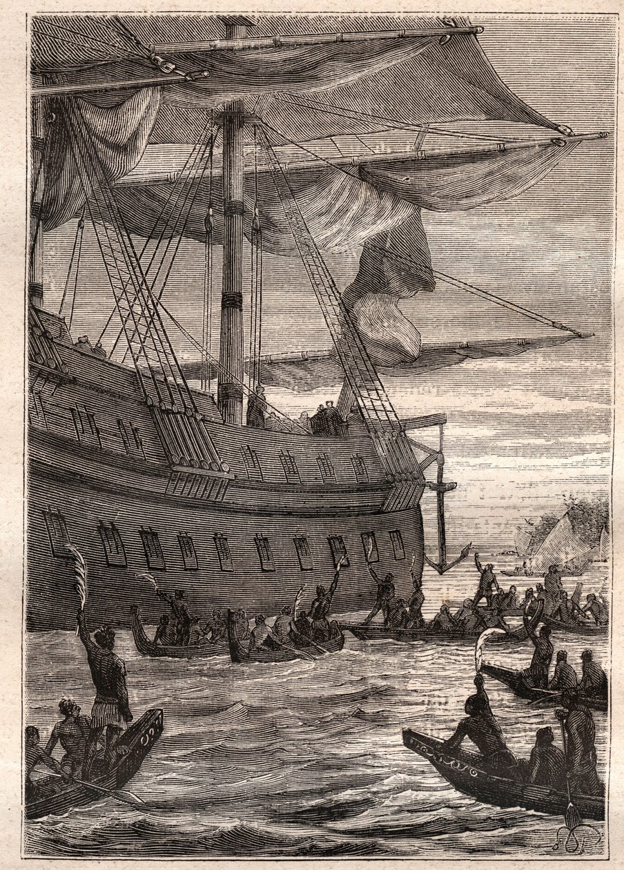 土著人手拿香蕉树枝：塞缪尔·沃利斯 (Samuel Wallis) 到波利尼西亚的航行 (1728-1795) - 土著人拿着香蕉树枝作为欢迎的问候 - 插图取自“18 世纪的伟大航海者” 作者 法语学校
