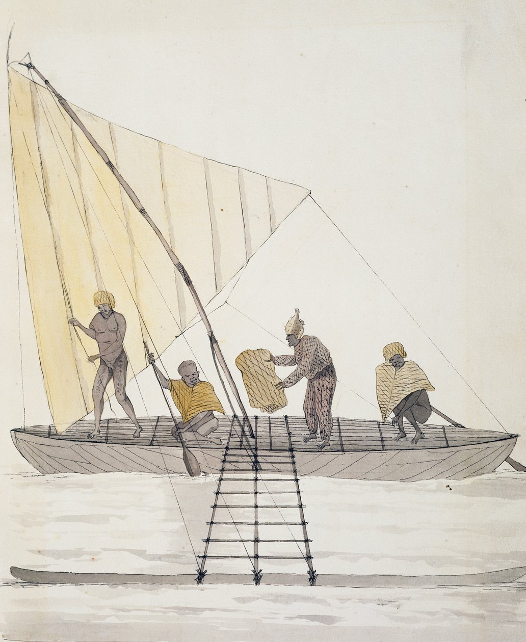 来自Iles Basses的土著人和平衡的风帆独木舟，Jules-Louis Lejeune的水彩画，来自Duperrey的《航行》。 作者 法语学校