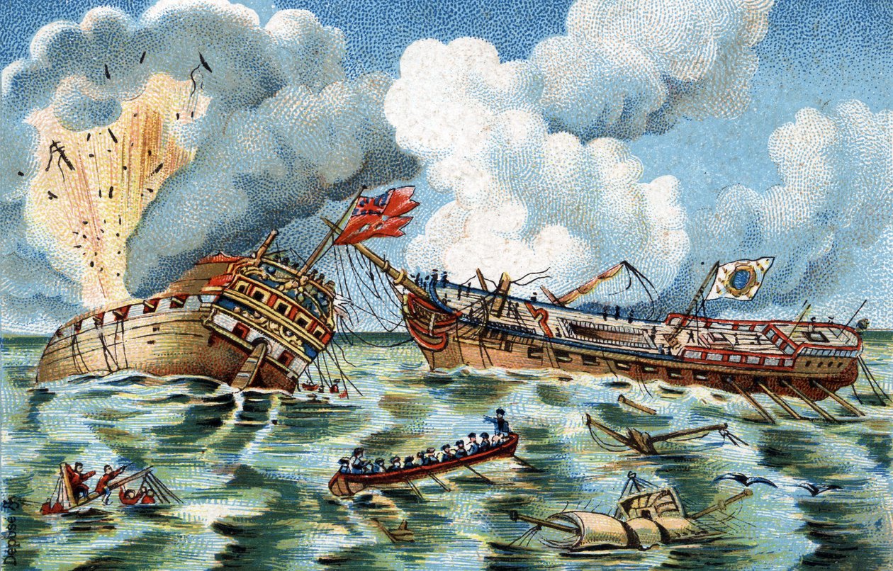 1779年10月6日，"Supervisante "号和 "Quebec "号在离韦桑不远的地方发生海战。法国护卫舰由Du Couedic de Kergoaler上尉指挥，英国护卫舰由Farmer上尉指挥。1890年左右的彩色石版印刷。 作者 法语学校