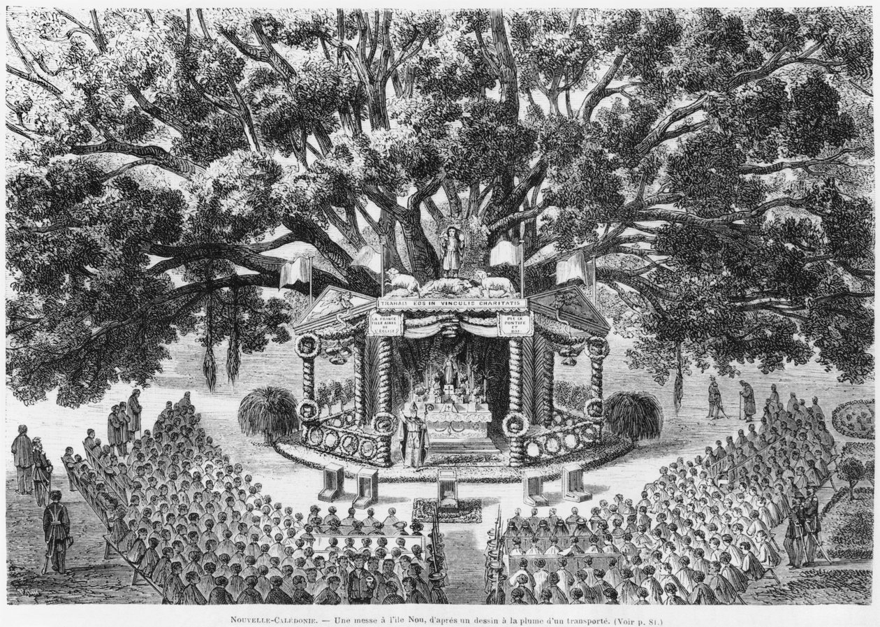 新喀里多尼亚，在1875年的公告Les Missions Catholiques的插图中绘制了一幅运输的钢笔和墨水后，在Nou岛上庆祝弥撒 作者 法语学校