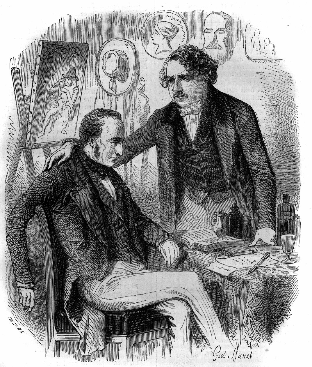 Nicephore Niepce (1765-1833)和Louis Daguerre (1787-1851)，法国发明家，摄影的先驱者。1852年的雕版画。 作者 法语学校