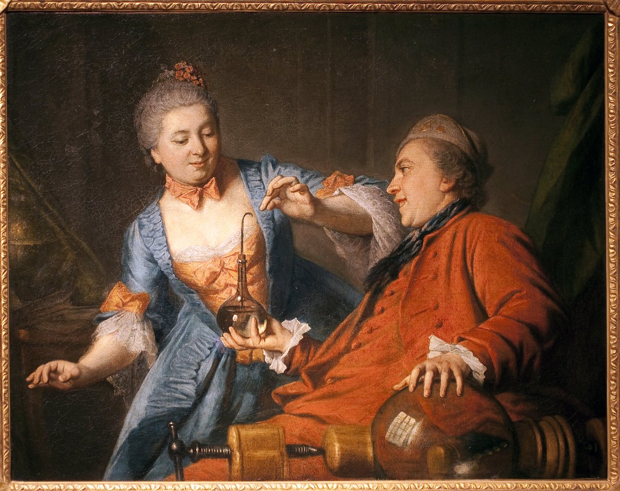 Nicolas Bergeat (1733-1815) 和 Madame de Maisoncel 进行物理学实验。 一位匿名的雷莫伊斯油画，布面油画 作者 法语学校