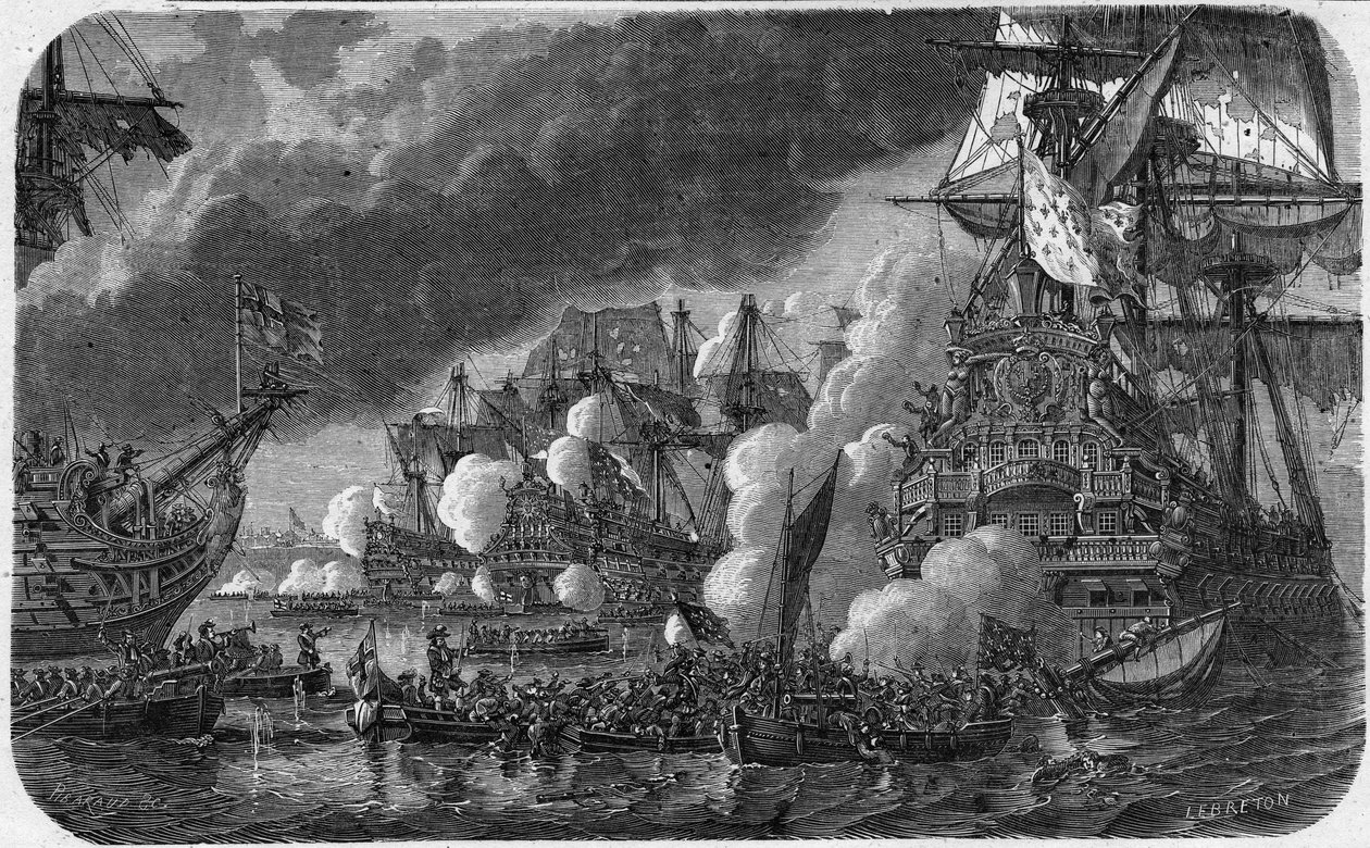 九年战争（奥格斯堡联盟战争）（1688-1697）：1692年5月19日，英荷舰队与图尔维尔伯爵科滕坦（Cotentin）的安妮-希拉里昂海军中将（1642-1701）的法国舰队之间的Hougue之战。她看到了失败的结果 作者 法语学校