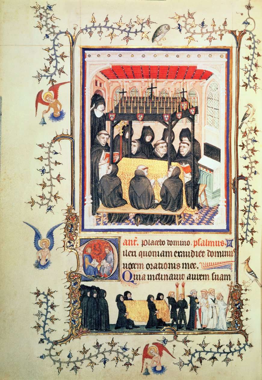 新的Lat 3093 f.104僧侣们在圣母公爵夫人的美丽时光中祈祷，c.1380 作者 法语学校