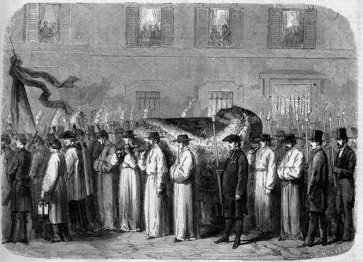 让-巴蒂斯特（乔瓦尼-巴蒂斯塔）-尼科利尼（1782-1861）的遗体，1861年9月21日：在意大利佛罗伦萨（Firenze）的街道上，运送这位意大利诗人遗体的葬礼车队。10月5日《世界画报》第234期上的版画 作者 法语学校