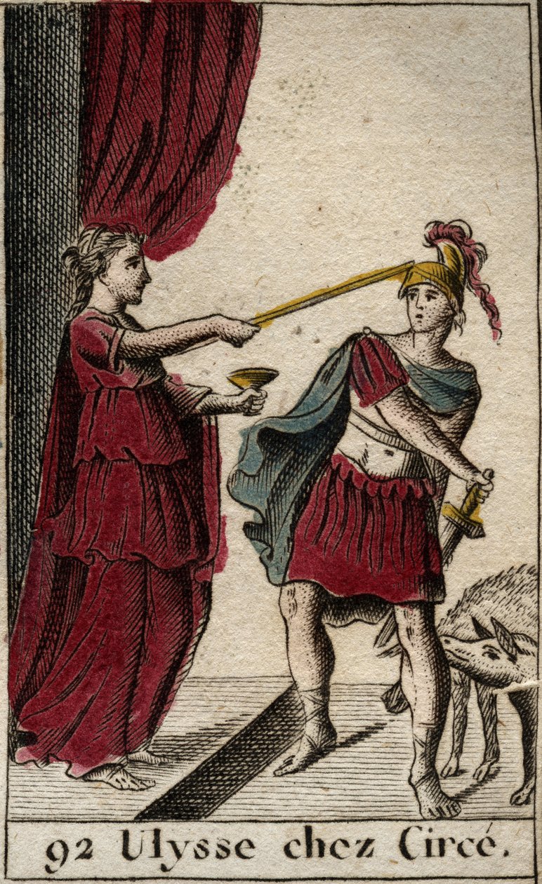 Odyssee of Homere: the heros Ulysses at Circe the magician. Behind him her companions she turned into pigs. (Homer