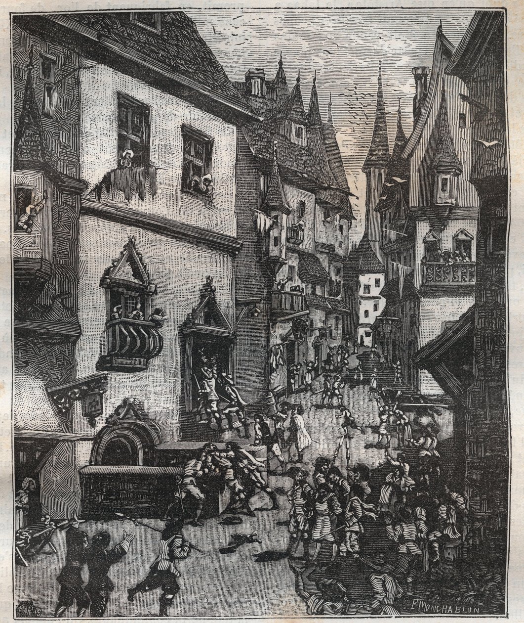 On 20 May 1636 eight counterfeiters were arrested in rue Champfleuri by two police commissioners accompanied by a dozen sergeants - in “Paris a travers les siecles”” by Nicolas Jules Henri Gourdon de Genouillac (1826-1898) 作者 法语学校