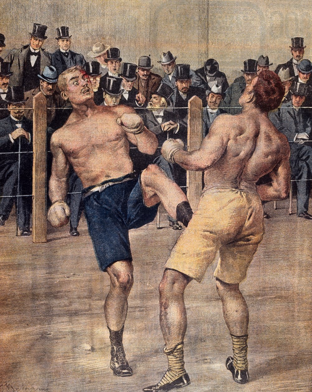 1899年在巴黎举行的法国拳击比赛中的一次会议，彩色版画。法国 作者 法语学校