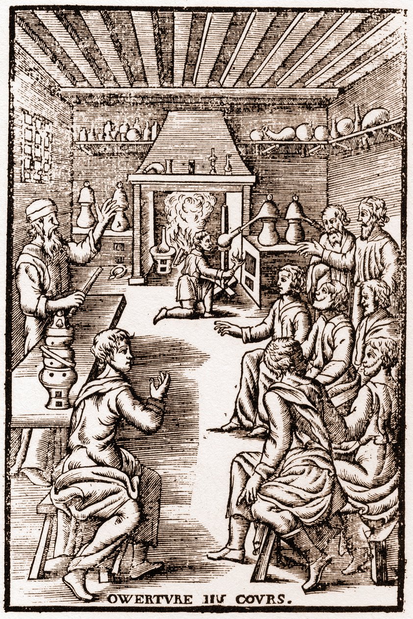 转化化学课程的开幕式--1653年安尼瓦尔-巴莱在《LE VRAY ET METHOD COURSES DE PHYSICS RESOLUTIVE》中的雕刻。 作者 法语学校