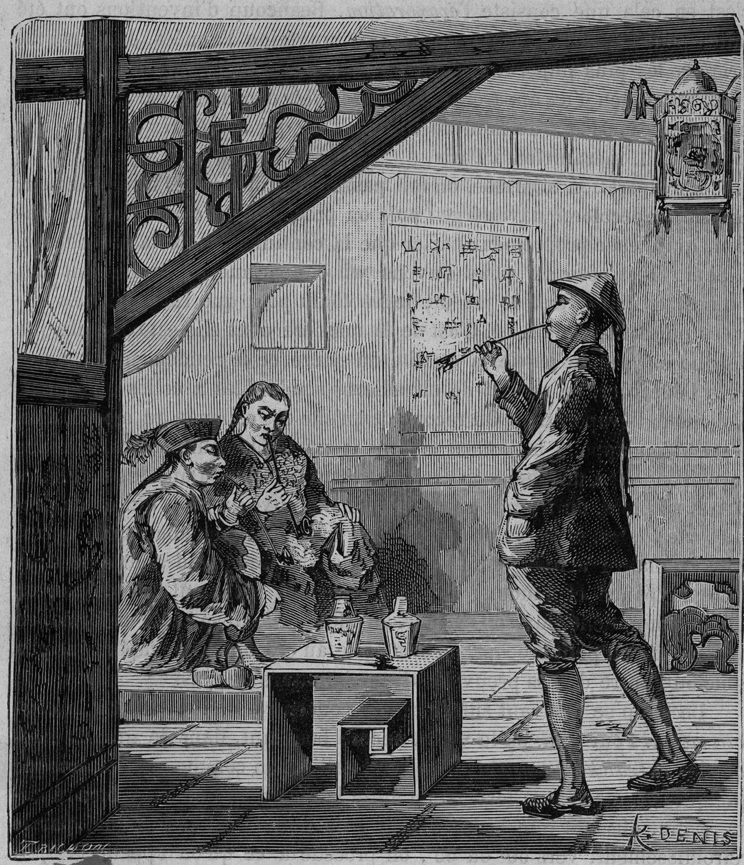 19世纪中国的鸦片吸食者--中国的鸦片吸食者--Alexis Clerc所著《人人可得的科学--大众物理学和化学》中的版画--19世纪末--私人收藏 作者 法语学校
