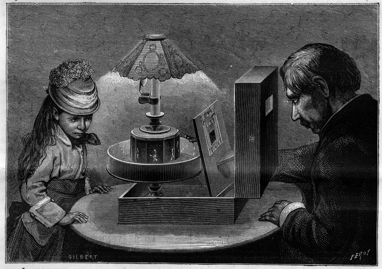 视错觉：praxinoscope剧院，由Emile Reynaud（1844-1918）发明的仪器。雕刻在 "La Nature.科学及其在艺术和工业中的应用评论》中的版画。 作者 法语学校