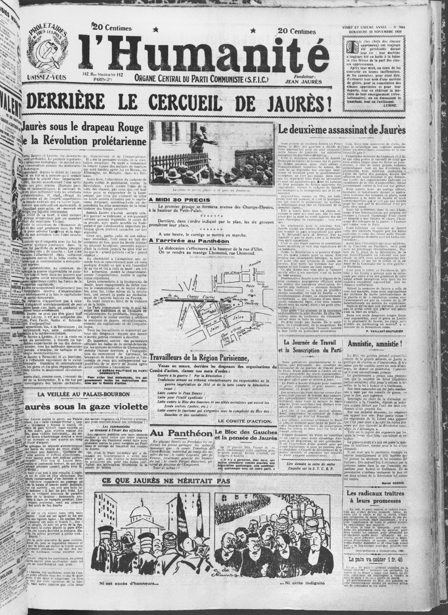 1924年11月23日，组织将Jean Jaures转移到巴黎万神殿，来自LHumanite（印刷纸） 作者 法语学校
