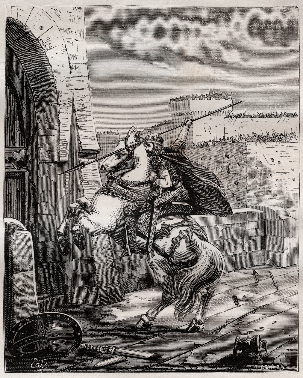 Otto II, Holy Roman Emperor before Paris - Otton II of the Holy Empire, known as the Roux (955-983) irritates not being able to penetrer in Paris (Paris headquarters, 978), advances under the walls of the city to plant his spear in the door - engraving in  作者 法语学校