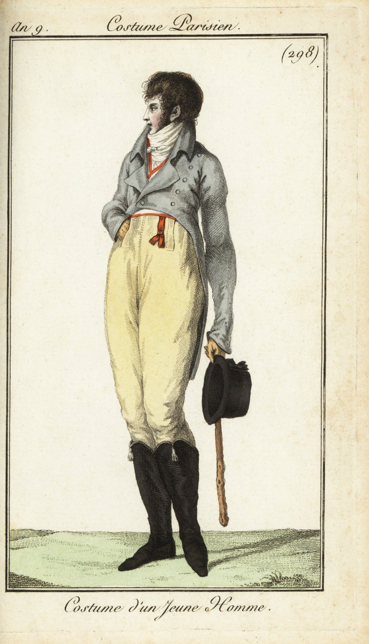 Outfit of a young man or Incroyable, May 1801 (handcoloured copperplate engraving) 作者 法语学校
