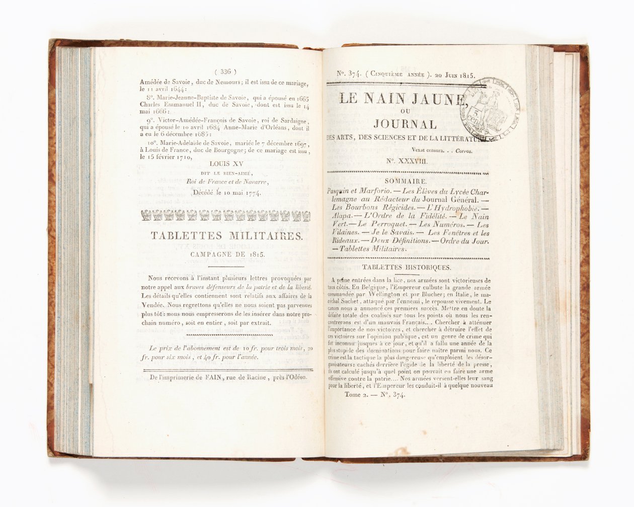 “Le Nain Jaune”或“Journal des Arts, des Sciences et de la Littérature”的页面，第 374 号，1815 年 6 月 20 日（印刷纸） 作者 法语学校