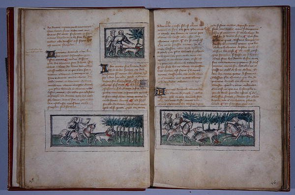 第57和58页，来自Le Livre du Roy Modus et de la Royne Racio，作者：Henri de Ferrieres，c.1420（笔和墨水，纸上写着） 作者 法语学校